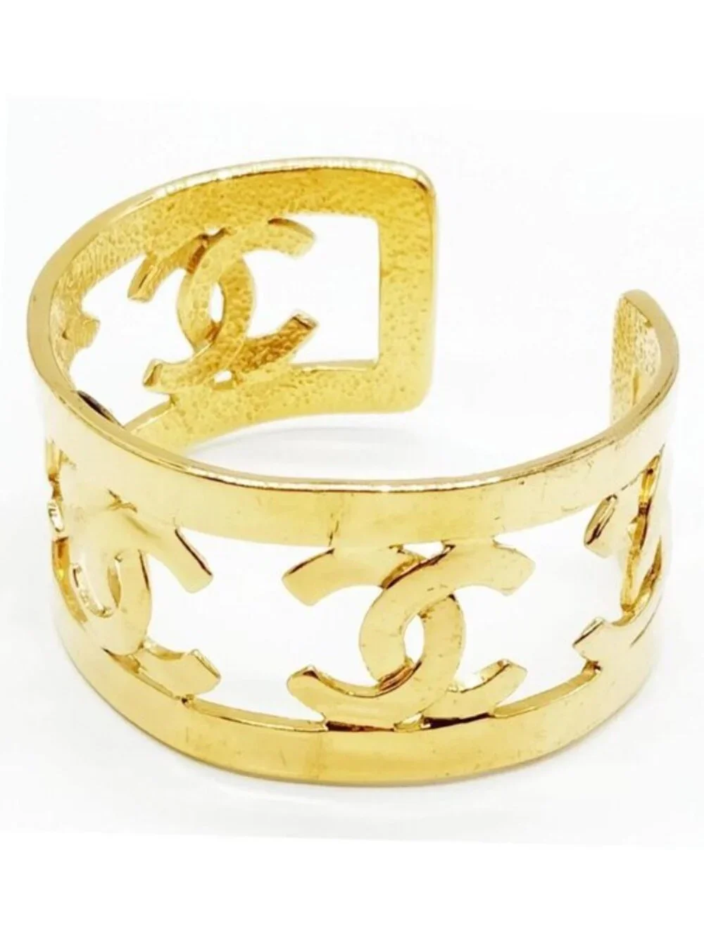 Chanel Gold Tone CC Logo Cutout Wide Open Cuff Bracelet Vintage